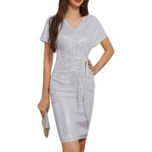 Women's V Neck Ruched Sequin Dress Short Sleeve Tie Midi Cocktail Party